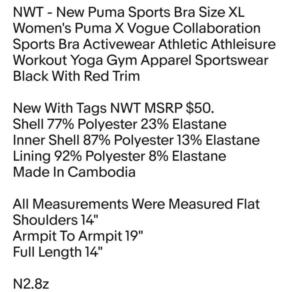 NWT - New Puma Sports Bra Size XL Women's Puma X Vogue Collaboration Sports Bra